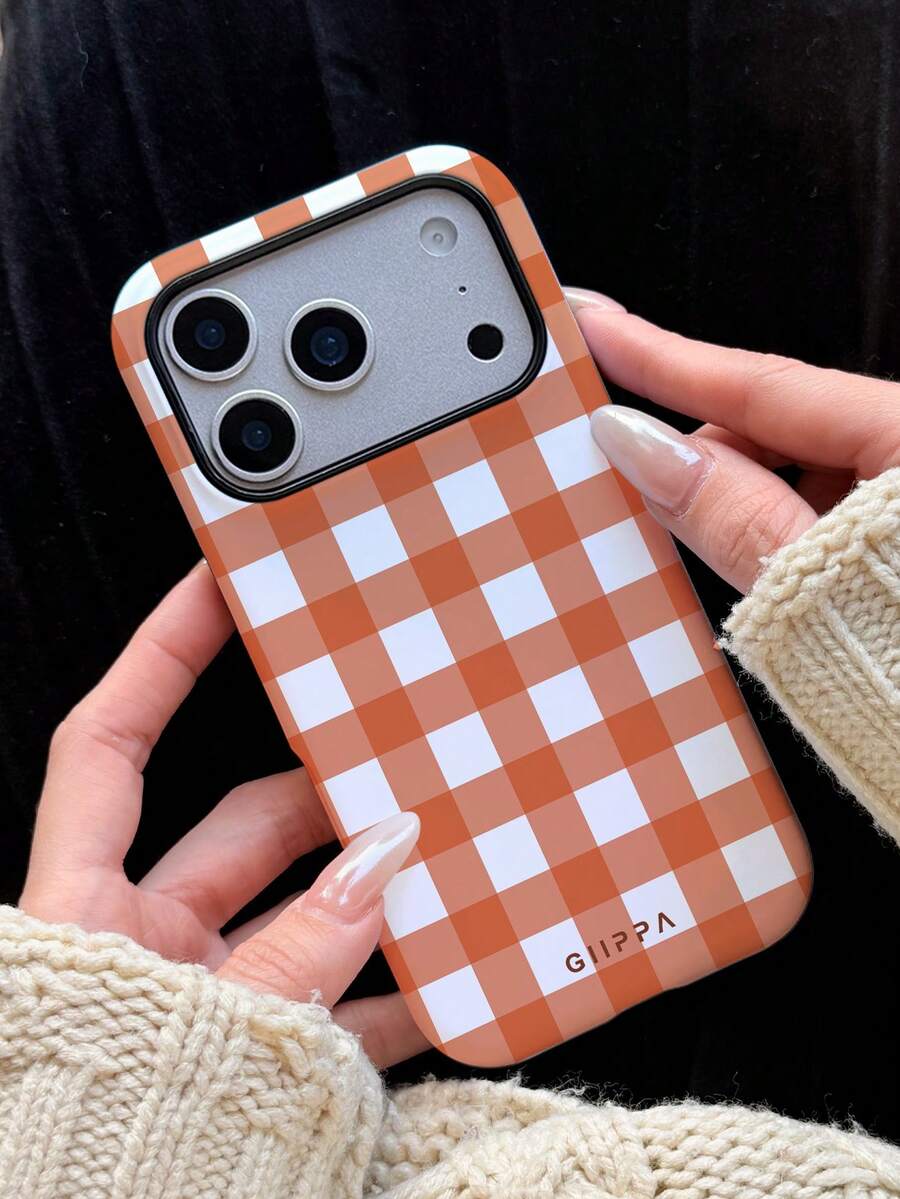 1pc Orange Checkerboard Design Phone 17 Pro Max Case, Suitable For Phone 16 Pro Max, 15 Pro Max, 14 Pro Max, Korean Stylish And Interesting Phone Case, Compatible With 11/12/13/14/15/16 Pro Max Plus, Elegant Design Suitable For Both Men And Women, Ideal Gift For Christmas, Valentine's Day, Easter, Wedding Season And Birthday For Girlfriend - Multicolor - View 1