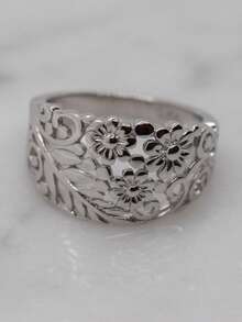 1pc Bohemian Style Vintage Silver Flower Pattern Ring, Suitable For Wedding, Engagement, Promise, Daily Wear - Silver - View 2