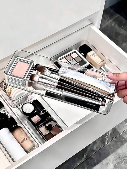 7pcs Transparent Acrylic Drawer Organizer Boxes, Makeup Storage Containers, Fashionable Compartment Desktop Organizer, Multiple Sizes Available, Perfectly Fit Vanity And Bathroom Drawers, Suitable For Cosmetics, Office Supplies And Miscellaneous Items, Bathroom Cabinet Storage, Summer Gift For Ladies