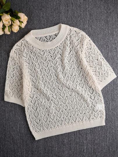 Women's Coffee-Colored Knit Short Sleeve Pullover - Featuring Hollow-Out Details, Medium Elasticity H-Line Silhouette, Suitable For Spring, Summer, And Autumn Layering, Fashionable Piece With Textural Design