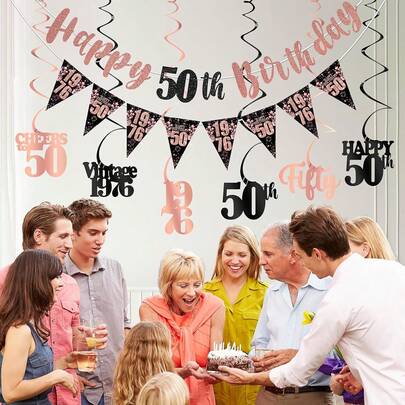 Vintage verjaardagsdecoraties, Happy 50th Birthday-banner met vlaggetjes en hangende slingerdecoraties, roségouden en zwarte feestartikelen voor een 50e verjaardag