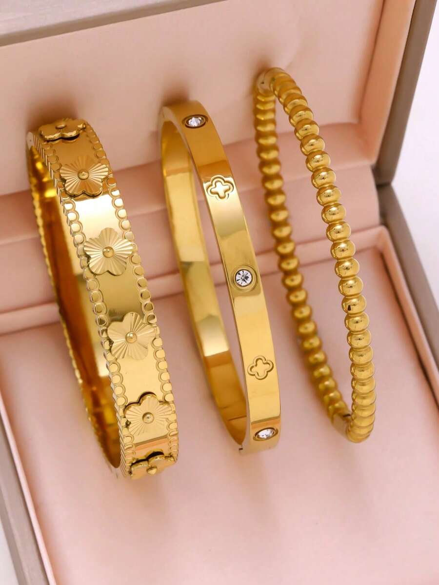 1件装时尚18K镀金不锈钢花朵手镯，女士款，欧美风格派对及婚礼首饰礼品 - 金色 - 查看 1