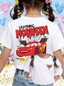 Disney DIS Pixar Cars Vampire Lightning McQueen Printed Pattern T-Shirts For Girls - Children's Clothing Design Short-Sleeved Casual And Cute Style Comfortable And Casual Wear All Year Round Suitable For Parties And Play Machine Washable Gift Children's Clothing Girls' Short-Sleeved Shirts - White - View 1