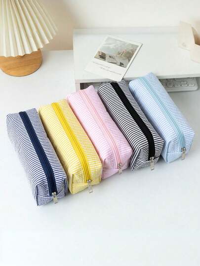 1 Striped Student Pencil Bag, Seersucker Striped Zipper Pouch, Travel Toiletry Bag, Student Stationery Storage Bag, Back-To-School Bag, Essential For Travel & Makeup, Travel Storage Bag, Beach & Summer Vacation Bag, Student Stationery Pencil Case, Back-To-School Supplies, School Supplies Bag, Dorm Essential.