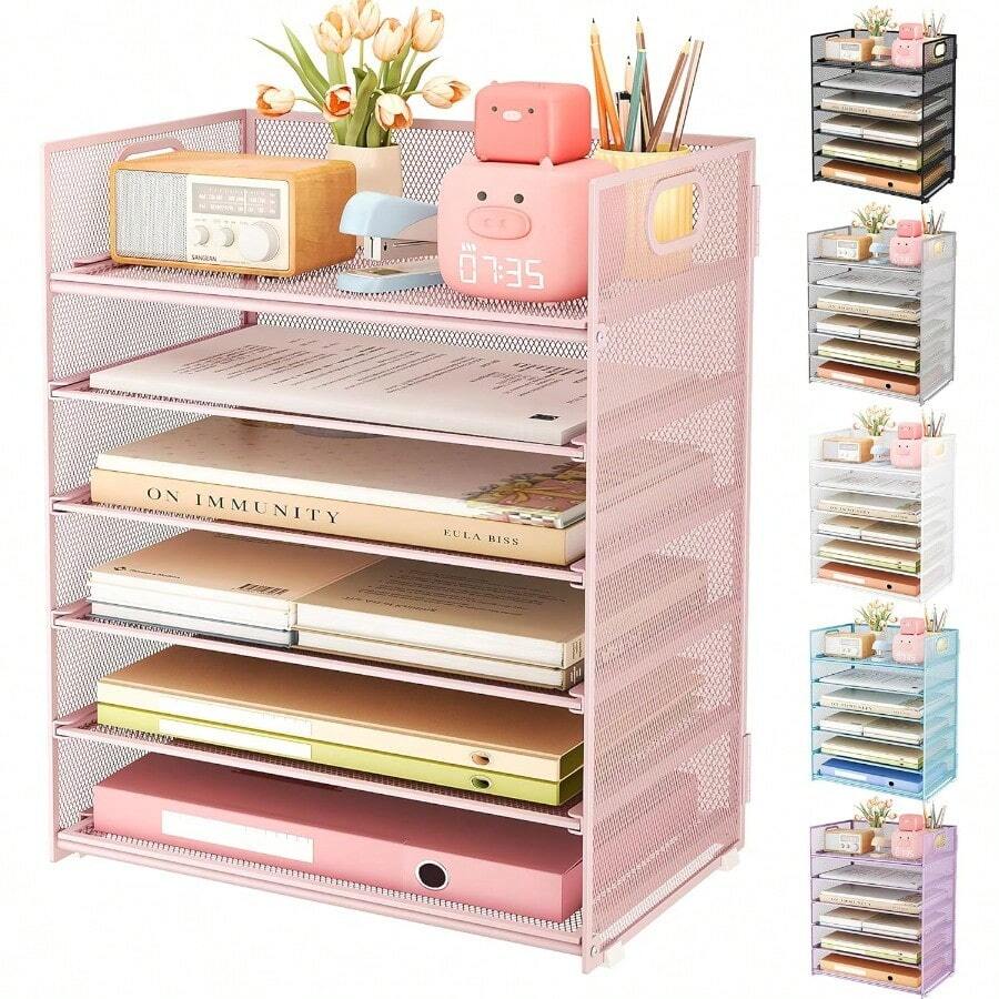 6 Tier Office File Paper Desk Tray Organizer With Handle, Stackable Slide Mesh Letter Tray Folder Pink Desk Organizer, Desktop Document Sorter For Classroom, Office, Home Supplies Storage - Pink - View 1