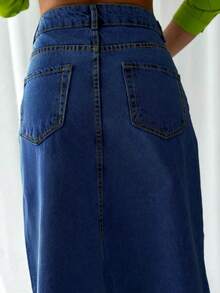 Asymmetric Hem Loose Pockets Patchwork Frayed Hem Casual Denim Skirt Spring - Dark Wash - View 6