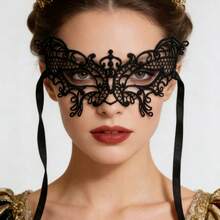 2件套蕾丝半脸面具，情侣主题化妆舞会面具，性感黑色眼罩，万圣节道具 - 黑色2件 - 查看 4