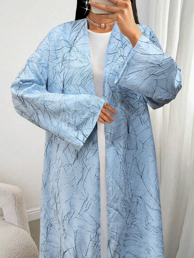 大尺碼女款植物圖案長袖寬鬆阿拉伯長袍度假裝 - 藍色 - 查看 6