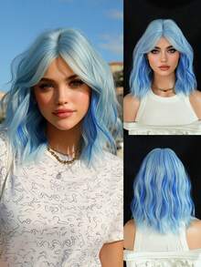7JHH WIGS Short Wavy Highlight Blue Wigs For Women 14 Inch Shoulder Length Bob Curly Wavy Middle Part Wigs Curtain Bangs, Natural Synthetic Heat-Resistant Fiber Hair For Daily Cosplay Party Use ( Straight Hair Ends ) - Baby Blue - View 2