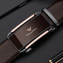 WilliamPOLO荔枝纹仿皮腰带，撞色扣男士自动扣腰带，日常商务皆宜，长度可调节 - 金槍色 - 查看 1