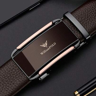 WilliamPOLO Litchi Grain Faux Leather Belt, Contrast Buckle Men's Automatic Buckle Belt, Versatile For Daily And Business Wear, Adjustable Length