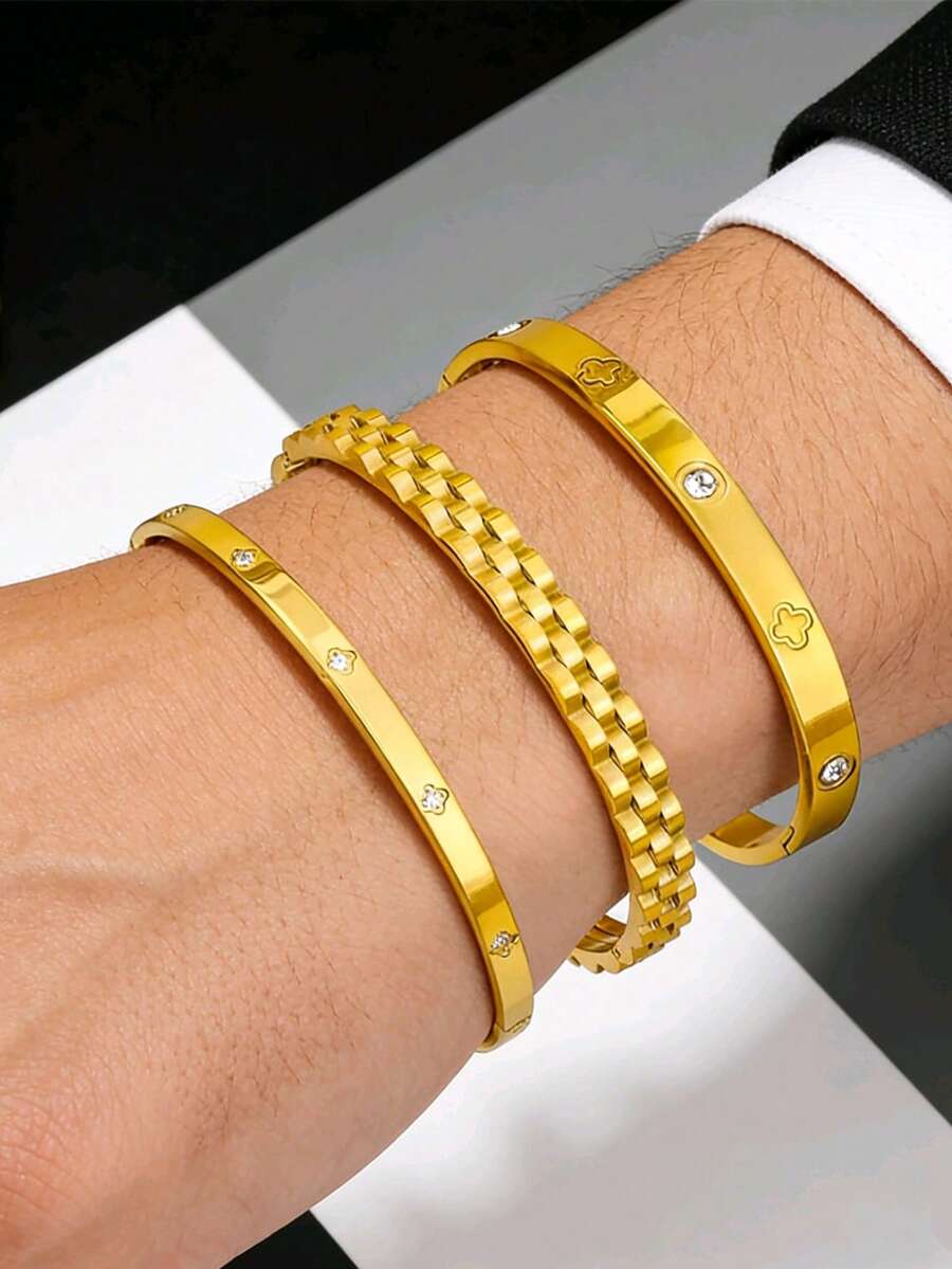 1件/3件装极简不锈钢链手链/四叶花水钻设计金色手镯，男士奢华日常商务休闲叠戴配饰，情人节专属礼物 - 金色 - 查看 1