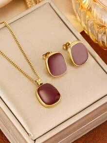 3pcs Stainless Steel Casual Bohemian Drip Oil Heart Shaped Necklace & Earrings Set, Daily Wear - Oil-dripping Jewelry - View 1