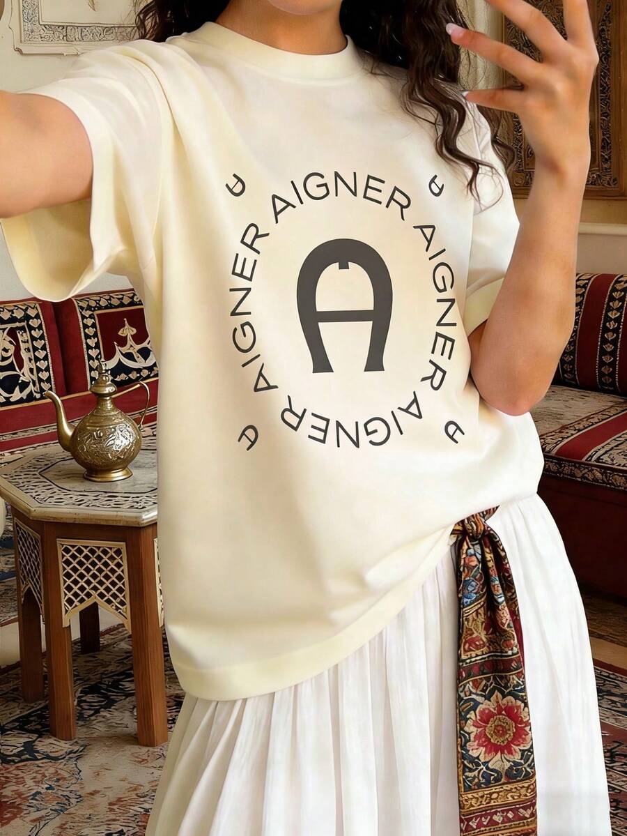 1件少女标语印花短袖T恤，夏季青少年学生休闲套装，上衣 - 杏色 - 查看 1