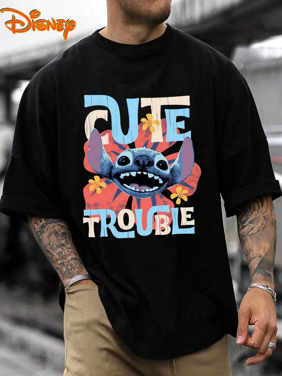 Disney Men's Casual T-Shirt, Stitch "Cute Trouble" Print, Tropical & Playful Design, Ideal For Lilo & Stitch Fans & Daily Wear - Black - View 1