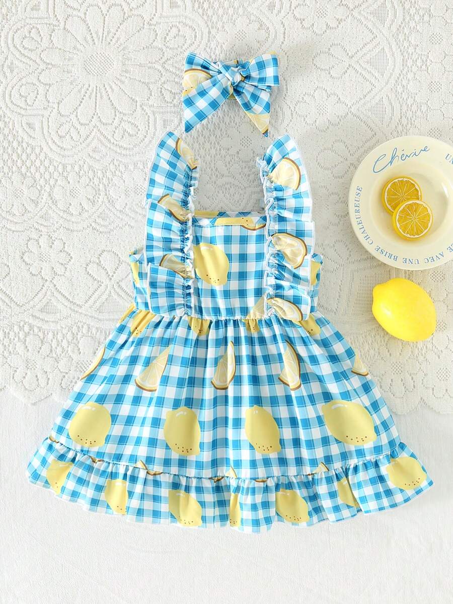 Bộ váy hè dễ thương cho bé gái, không tay, trễ vai, in hình quả chanh, kèm băng đô in hình trái cây, trang phục hè thời trang. - Nhiều màu - Xem 1