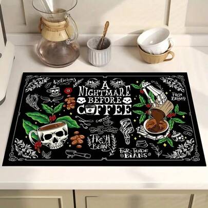 1pc Square Skull & Coffee Pattern Heat Resistant Mat, Desktop Protective Pad, Coffee Machine Mat, Kitchen Drainage Mat, Home & Kitchen Dining Mat