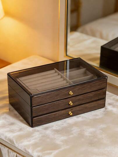 1pc Vintage 3-Tier Wooden Jewelry Box, Black Walnut Jewelry Storage Box, Glass Dust-Proof Jewelry Box, Desktop Jewelry Organizer, Large Capacity Anti-Oxidation Jewelry Box, Accessory Storage Box