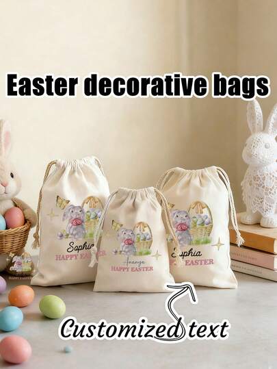Customizable Easter Party Gift Bags, Personalized Easter Bunny Drawstring Bags - Customizable Letter Canvas Candy Bags | Reusable Easter Egg Hunt Gift Bags, Perfect For Party Favors And Decorations, Easter Celebrations, Spring Decor And Holiday Gifts