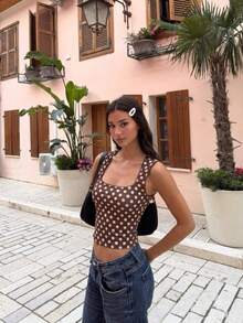 Polka Dot Print Sleeveless U-Neck Fashionable Fitted Cropped Tank Top Casual Summer - Brown - View 3