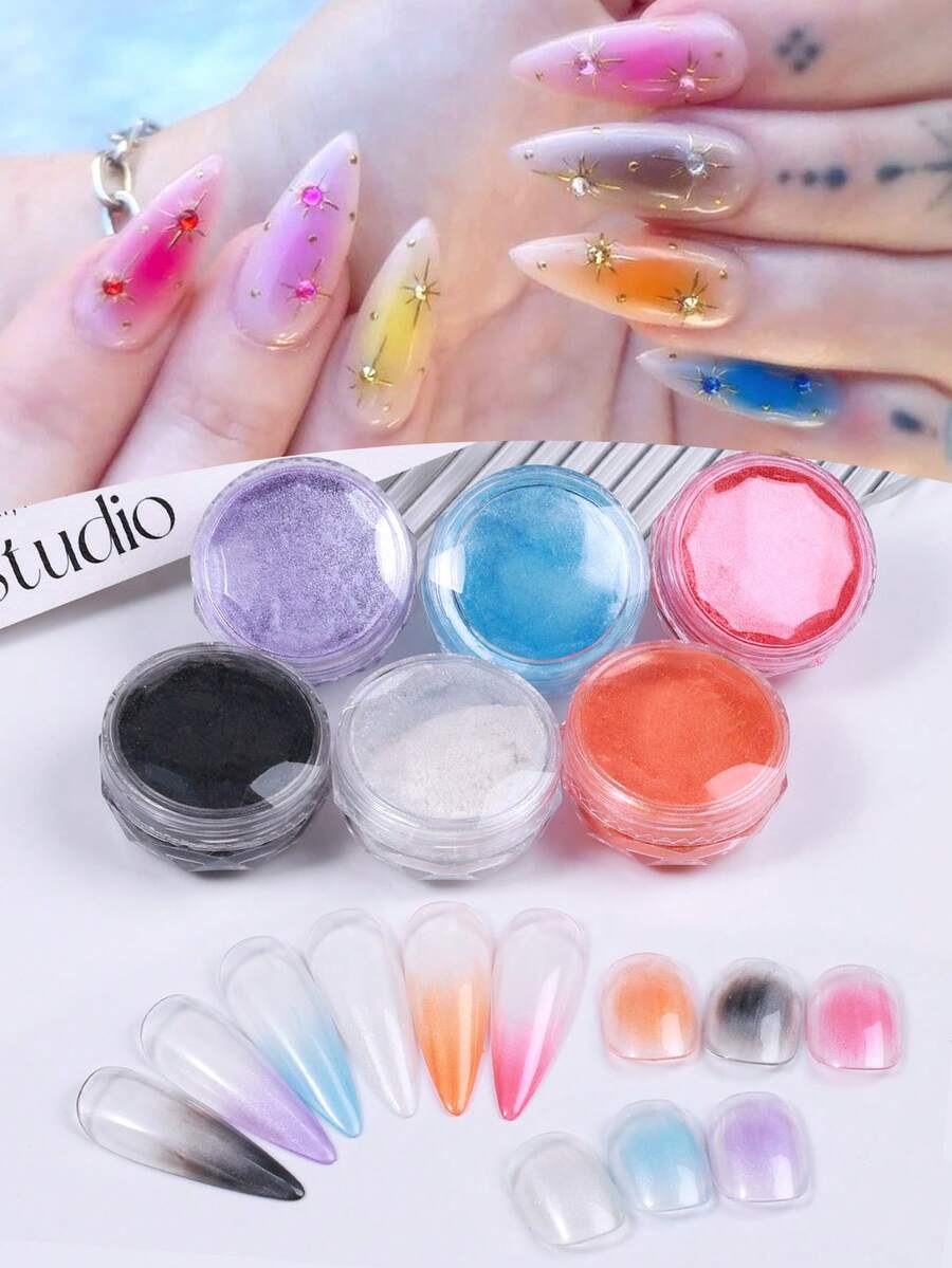 6 Boxen Farbverlauf Nagel-Kunstpulver, matte Nagel-Pigmentstaub, Puder-Blusher-Effekt, Nagel-Kunstdesign Sprühpistole, Nagelpulver Schwarz Weiß Rot Orange Lila Blau, Feine Maniküre Salon Accessoires, Nagel Zubehör zum Selbermachen - Verschiedenfarbig - Übersicht 1