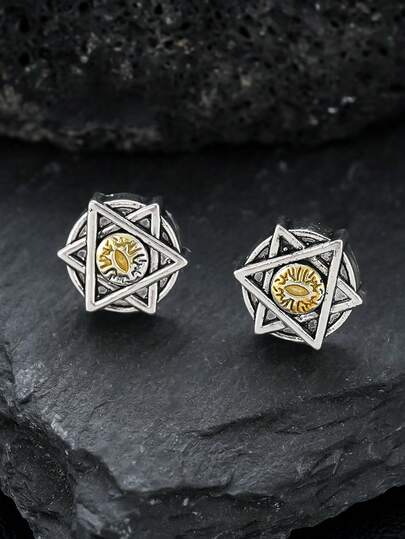 1 Pair Retro Hexagram Eye Design Clip-On Earrings For Men, Unique Eye Decor Accessories, Suitable For Daily Wear, Holidays, Anniversaries, Birthdays As Gifts For Friends