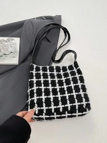 1件黑色针织面料金属按扣格子时尚百搭休闲简约别致春季新款单肩包，适合女性日常使用 - 黑色 - 查看 6