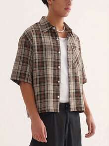 【热销】男士及青少年宽松格子翻领短袖衬衫，方正短款时尚休闲上衣 - 鏽棕色 - 查看 3