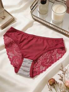 一套两件装欧美风女士内衣套装，包括一件带不可拆卸衬垫罩杯的超细纤维蕾丝文胸和一条配套的低腰内裤 - 酒紅色 - 查看 7