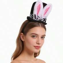 1pc Easter Bunny Ear Hat | Adult Plush White Rabbit Headband With Black Headband, Made Of Polyester, Hand Wash Only - Multicolor - View 3