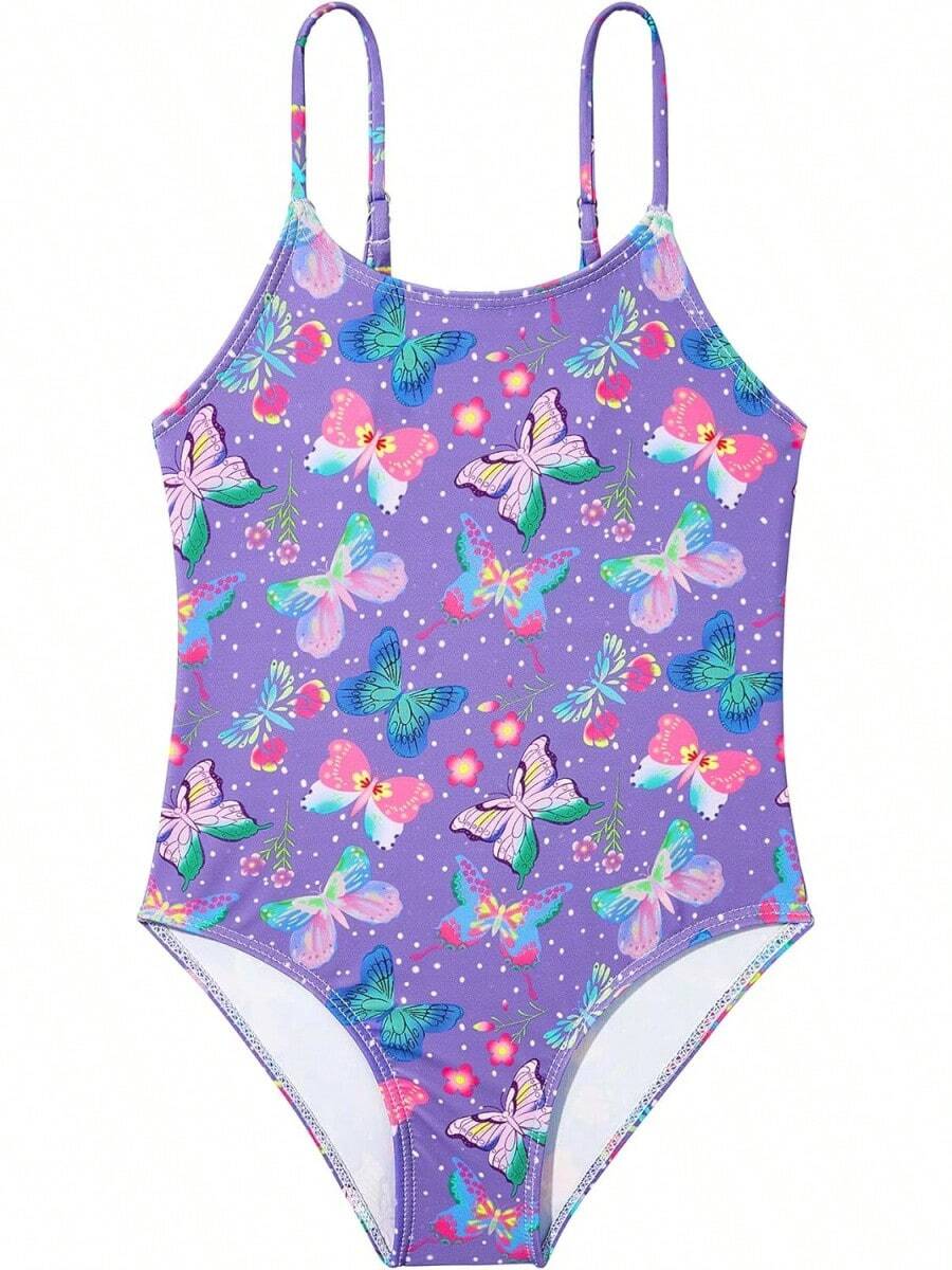 Girls Bathing Suit Size 2-10 Years - Cute Toddler Swimsuit Girl Adjustable One Piece Swimwear For Summer Beach Wear - Purple Butterfly - 查看 1