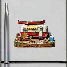 Red & White Retro Camper With Full Campsite Scene Magnet: Canoe On Roof & Yellow Awning, Wooden Deck With Campfire, Guitar, Cooler & Pots, Stone Path & Greenery – A Cozy Little Camping Base For Your Fridge - E - View 2