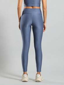 FITNATION Leggings Set With Waistband Pocket + Longline Cropped Top In Micro-Ribbed Fabric With SHINE And HIGH Elasticity And Support. - Indigo Blue - View 3