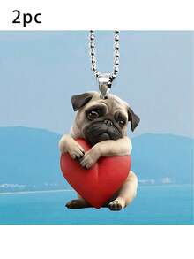 1/2/3pcs Acrylic Pug Dog Holding Heart Car Rearview Mirror Hanging Ornament, Keychain Backpack Decor Gift Accessory, 2D - Multicolor - View 8