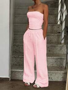 Bộ 2 món Vaiaye mùa thu gồm áo croptop ôm sát gợi cảm không dây, áo camisole cơ bản, áo quây yoga ôm sát thời trang màu trơn, và quần dài màu hồng thanh lịch cho mùa xuân/hè. - Hồng - Xem 9