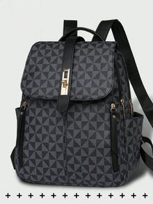 Women's Anti-Theft Geometric Pattern PU Soft Leather Backpack, Multifunctional Fashion Daily Bag, Multi-Pocket Lightweight Travel Bag, Large Capacity Minimalist Bookbag, Convenient Backpack Suitable For Students, Nurses, Teachers, Business Professionals, Travel, Commuting, Shopping, Office, Dating, Hiking, Training, Work, Birthday Gift, Holiday Gift - 彩色 - 查看 12