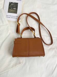 Mini Fashionable Solid Color Flap PU Handbag - Brown - View 4