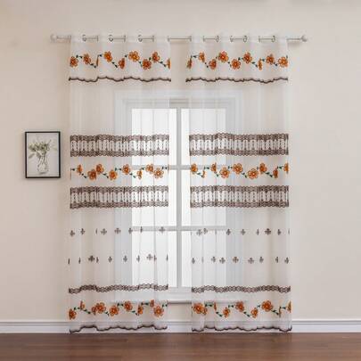1pc Pastoral Floral Embroidery Sheer Voile Curtain With Built-In Valance