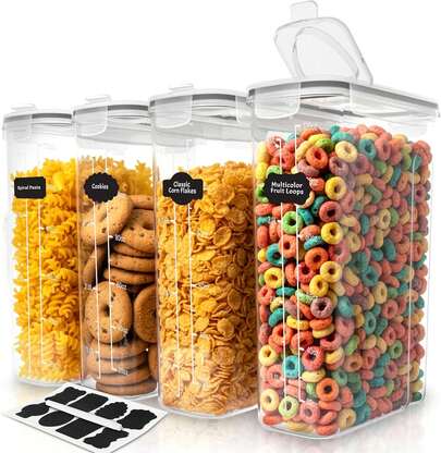 4 PCS Airtight Food Storage Containers Set, Kitchen And Pantry Organization Canisters With Lids For Cereal, Dry Food, Flour And Sugar, Includes  Labels.