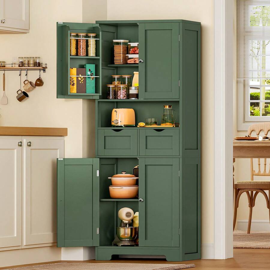 Kitchen Pantry Cabinet With Adjustable Shelf, Tall Storage Cabinet With 2 Drawers & 4 Door Shelves, Food Pantry Cabinets, For Kitchen, Dining Room, Living Room, Green - 綠色 - 查看 1