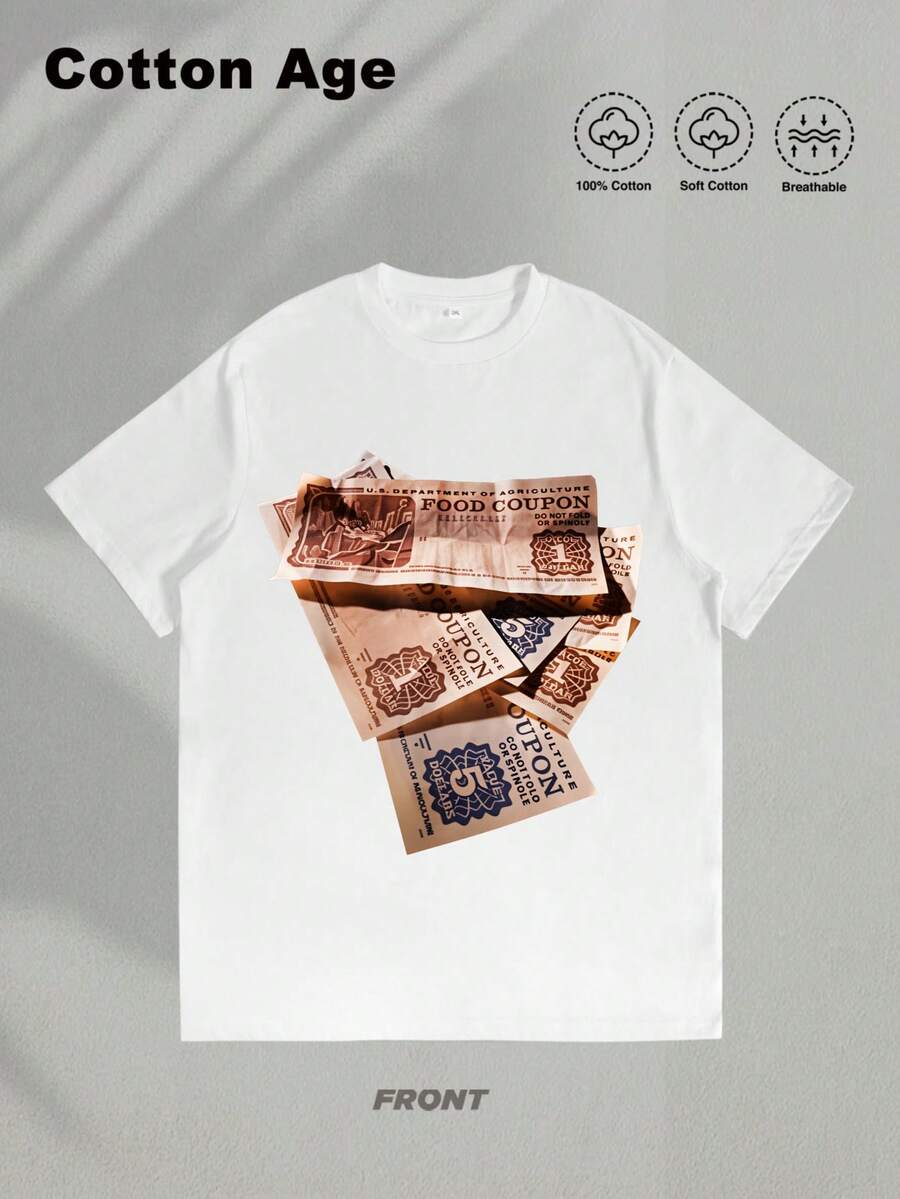 Camiseta estampada para hombre Y2K estampado, estilo callejero Diseño de Cupón de Comida camiseta para hombre con gráficos de ropa urbana