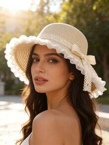 1顶女士夏季蕾丝蝴蝶结草帽 - 优雅甜美风格 - 宽檐遮阳帽，适合海滩度假 - 女士夏季防晒帽 - A - 查看 2