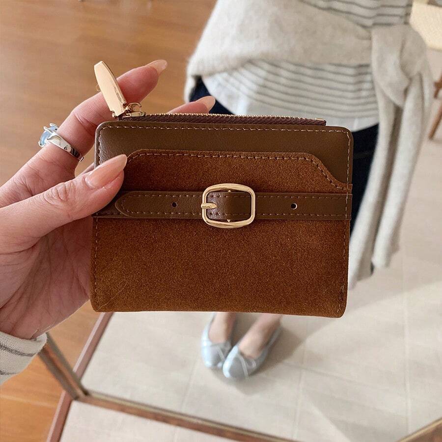绒面拼接短款女士钱包，PU皮革高端对折钱包，简约腰带钱包，迷你钱包，小巧可爱钱包，旅行必备，夏季节日毕业典礼教师节礼物，生日礼物，母亲节礼物 - 彩色 - 查看 1