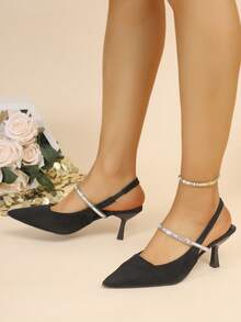 New Women's High Heel Pumps, Black Suede Pointed Toe Stilettos, Solid Color With Elastic Closure And Rhinestone Strap, Suitable For Work And Dates, Spring/Summer/Autumn - Black - View 14