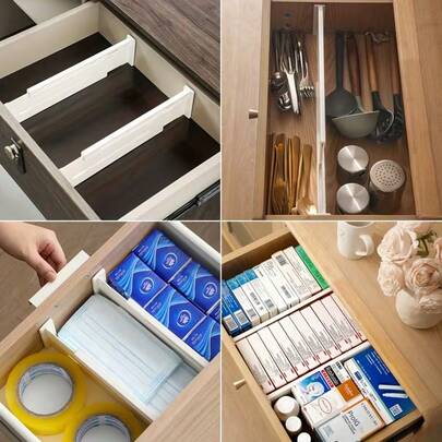 8个装可调节塑料抽屉分隔板 – 可扩展收纳盒，适用于化妆品、衣物、卧室、浴室、冰箱和办公室收纳 | 高3.35英寸，带可重复使用的粘性条