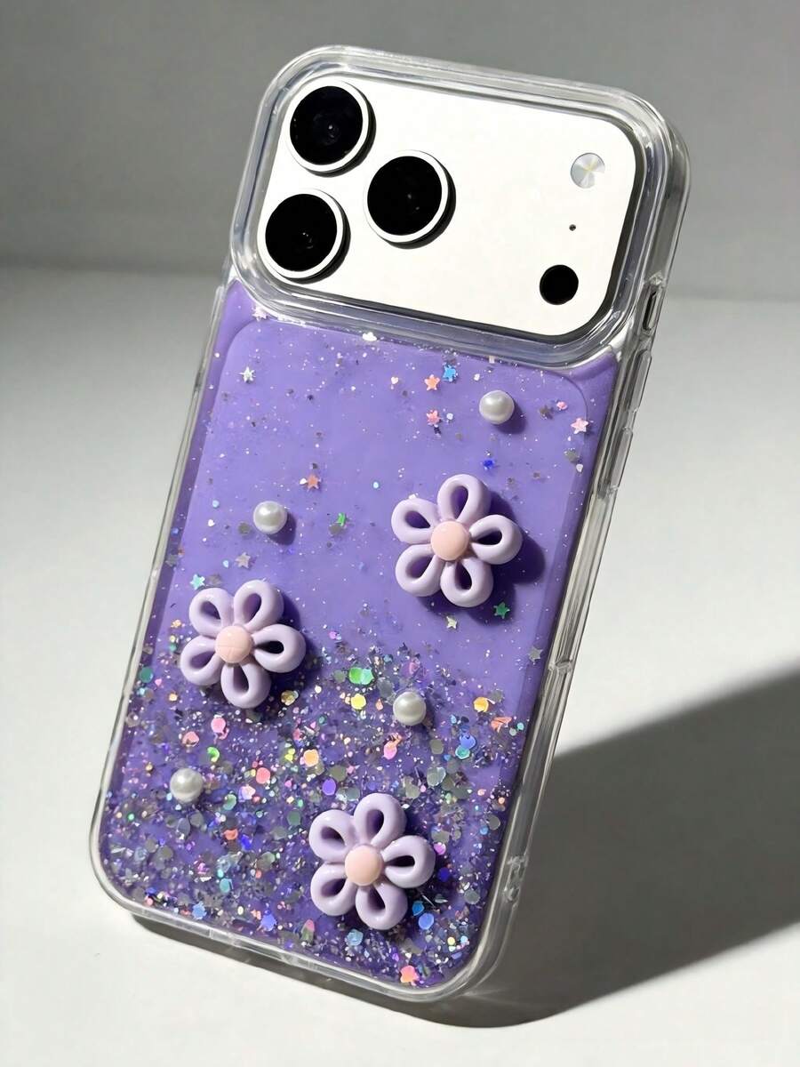 1个仿珍珠花朵亮片手机壳，柔软硅胶全包覆式设计，兼容三星Galaxy A17 A07 A14 A15 A16 5G A26 A36 A56 A55 A35 A25 A05S，也适用于S25 S24 S23 S22 S21 S20 S25 FE S24 Plus S22 Ultra，适合送给男孩女孩的礼物 - 淡紫色 - 查看 1