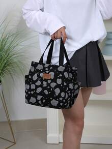 DLIU Tela de pana con estampado floral grueso, bolso de mano de estilo minimalista y retro, bolsa de almuerzo, con cremallera semi sellada, bolsillos a ambos lados, bolsa de compras portátil, bolsa multiusos, bolsa de almuerzo, adecuada para salidas, compras, escuela, trabajo, uso diario, gran capacidad, bolsa cuadrada de mano, contenedor de almuerzo aislado, bolsa de almuerzo, bolsa de picnic, bolsa refrigeradora para escuela, artículos esenciales de verano - Negro - Ver 9