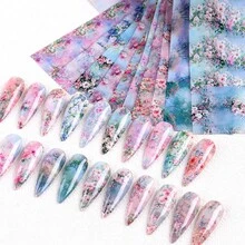 10入彩色漸層玫瑰蕾絲花卉春季美甲貼紙，優雅牡丹箔片美甲貼紙，夏季婚禮美甲裝飾 - 彩色 - 查看 8