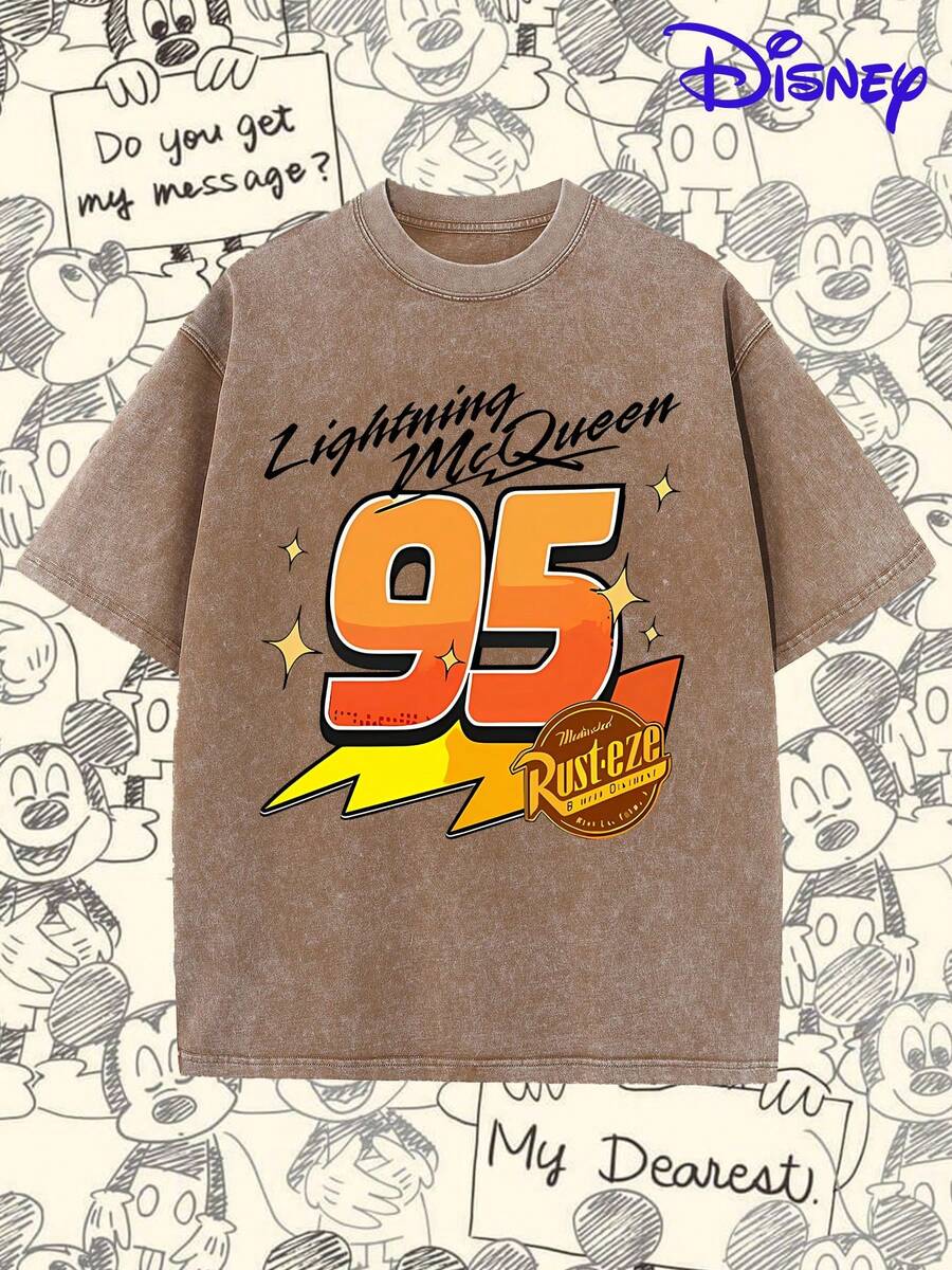 Disney Cars Lightning McQueen 95 "Rusteze" Vintage Washed Oversized T-Shirt. Authentic Licensed Fashion Cartoon Short-Sleeved Design, Men's Pure Cotton Washed T-Shirt. Soft And Breathable, A Great Gift For Disney Fans. - Màu nâu Mocha - Xem 1