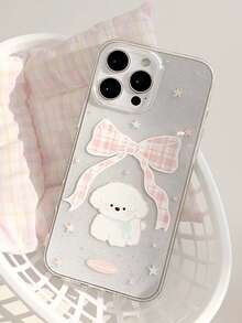 Cute Puppy Transparent Glitter Plaid Blue Bow Dog Protective Case, Anti-Drop Full Coverage Phone Case, Suitable For IPhone11/12/13/14/15/16/17/PROMAX - Pink - View 3